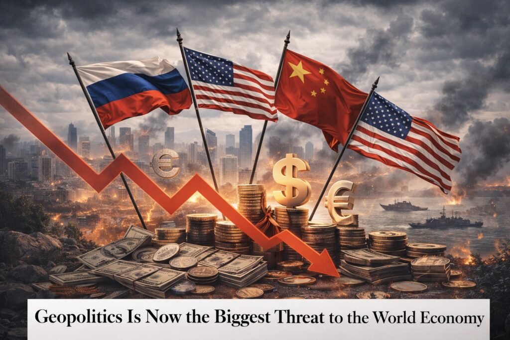 Global currencies and major world flags with downward economic indicators, illustrating how geopolitical tensions are impacting the global economy.