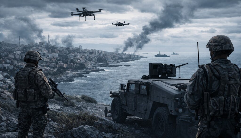 Military presence overlooking a coastal city in Lebanon with drones and naval ships under overcast skies, reflecting rising regional tensions and risk of broader conflict.