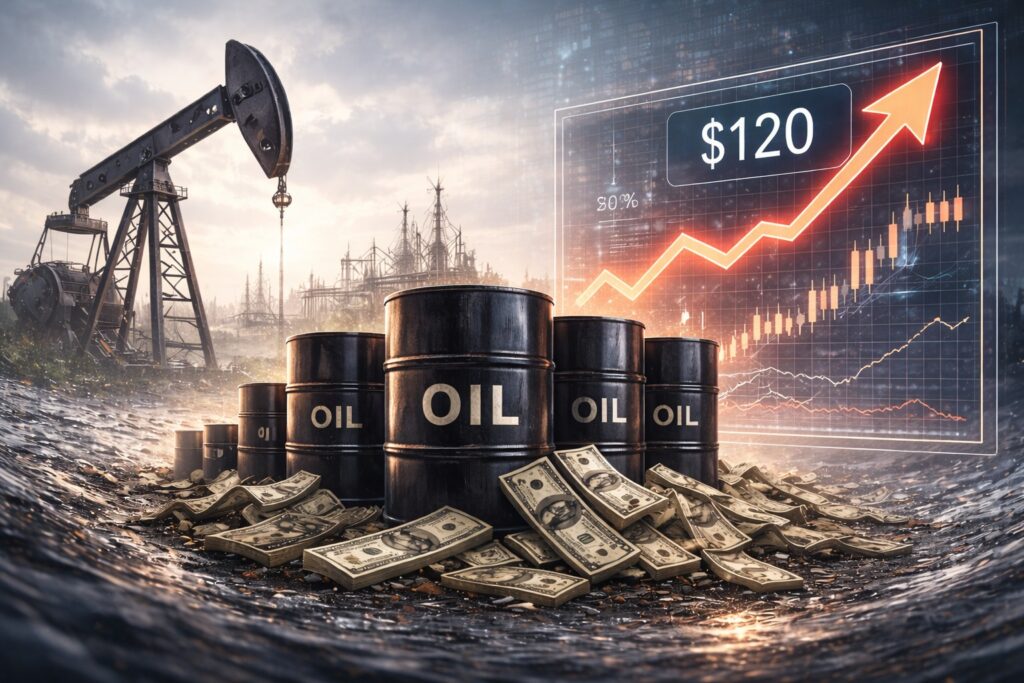 Rising global oil prices shown by upward financial charts alongside oil barrels and energy infrastructure, reflecting a global economic shock in energy markets.