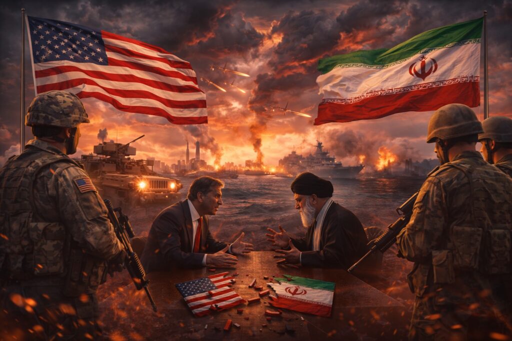 Failed peace talks between the United States and Iran symbolized by tense military presence and diplomatic breakdown, signaling rising risk of global conflict.