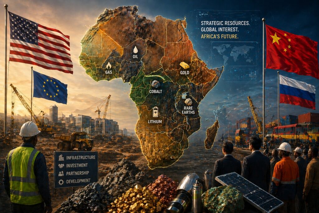 Africa as a strategic hub of critical resources with global powers competing over minerals, infrastructure, and investment shaping geopolitical influence.