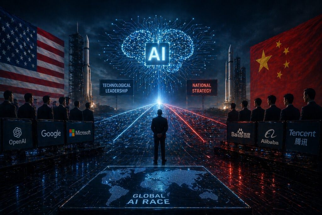 Global competition in artificial intelligence with advanced digital networks and major tech powers racing for technological dominance.