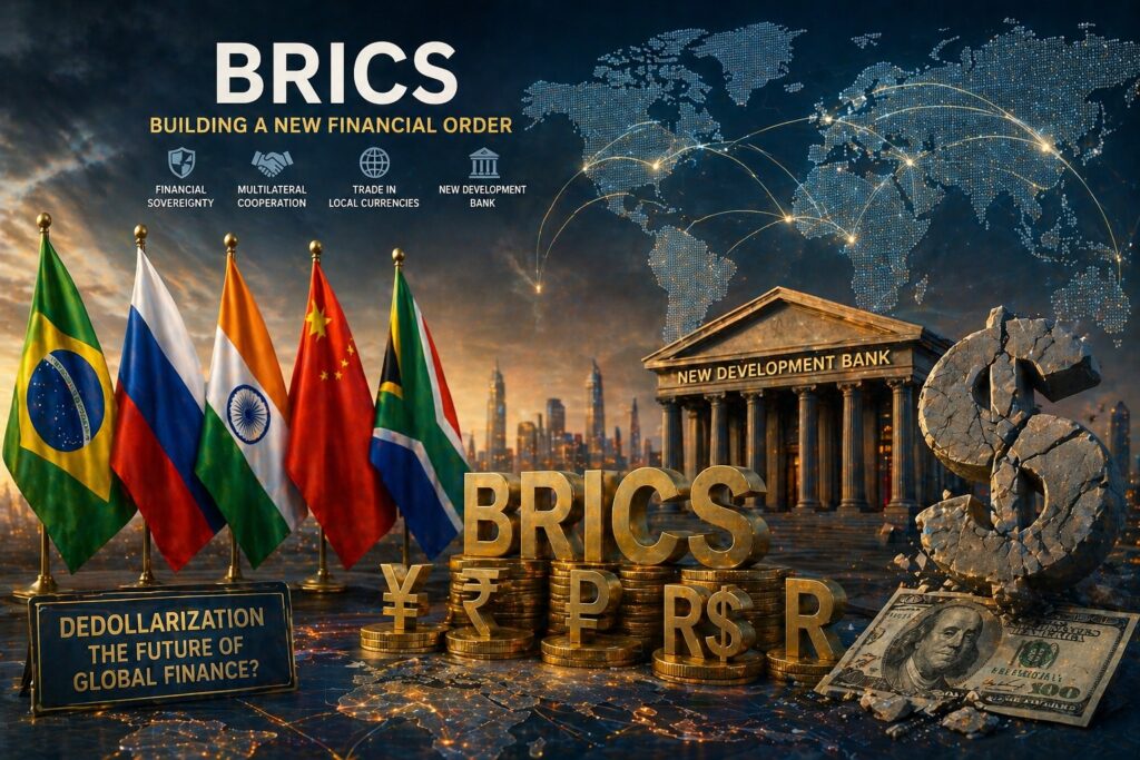BRICS nations promoting a new financial system with alternative currencies and institutions, challenging the dominance of the US dollar in global markets.