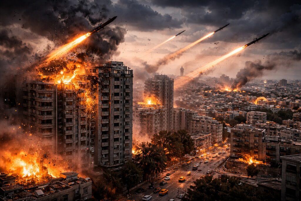 Missile strikes hitting urban buildings in Israel during escalating geopolitical conflict in the Middle East, with explosions and fire across the city skyline.