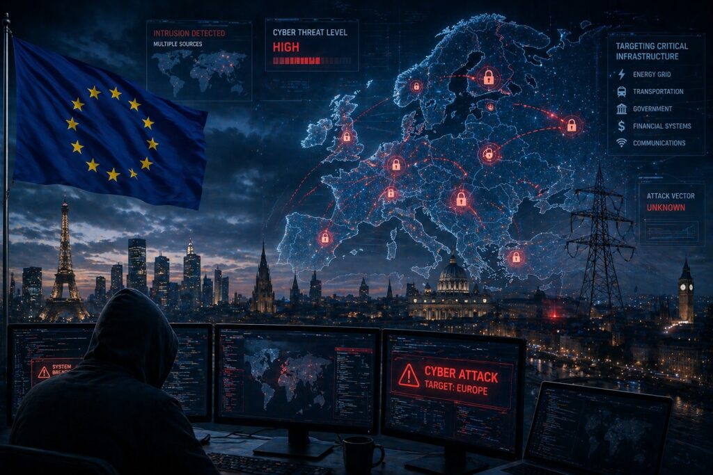 Cyber attacks targeting Europe shown through digital maps, network breaches, and critical infrastructure disruptions, symbolizing escalating geopolitical cyber threats.