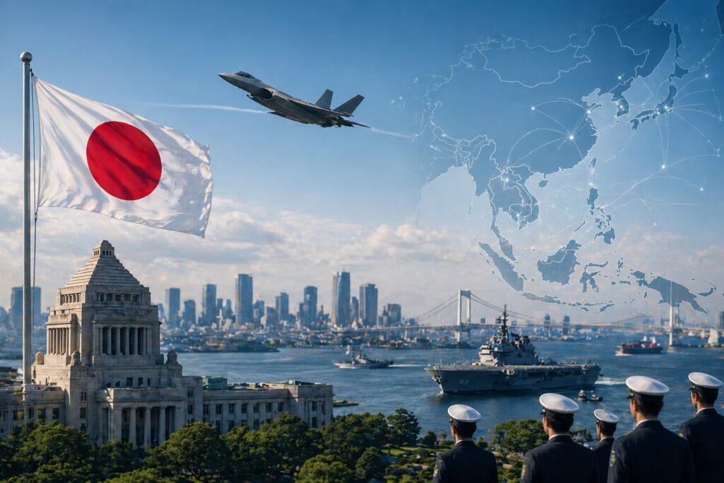 Japan strengthening its strategic position in Asia with national flag, modern naval presence, and regional connectivity map, reflecting a shift in geopolitical power balance.