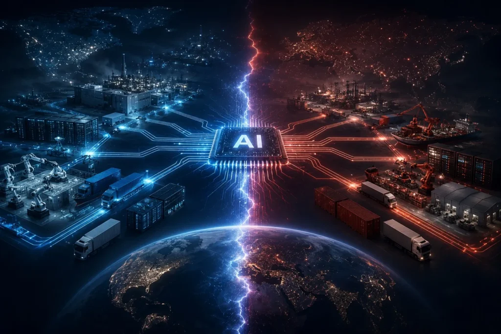 Global AI supply chains splitting into competing technology ecosystems, with semiconductor manufacturing, data centers, and logistics networks divided into strategic blocs.