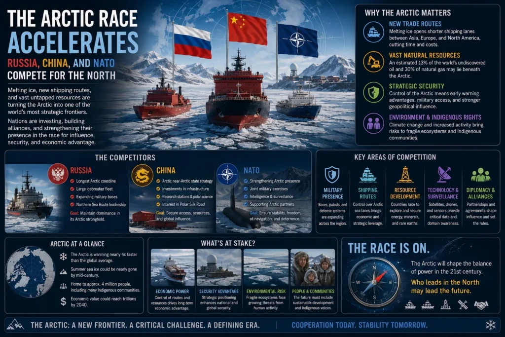 Icebreakers and Arctic infrastructure representing growing competition among Russia, China, and NATO for influence, resources, and strategic shipping routes in the Arctic region.