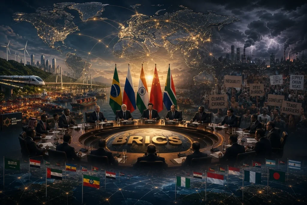 BRICS member countries expanding economic and diplomatic cooperation while facing the challenges of greater diversity, coordination, and global influence.
