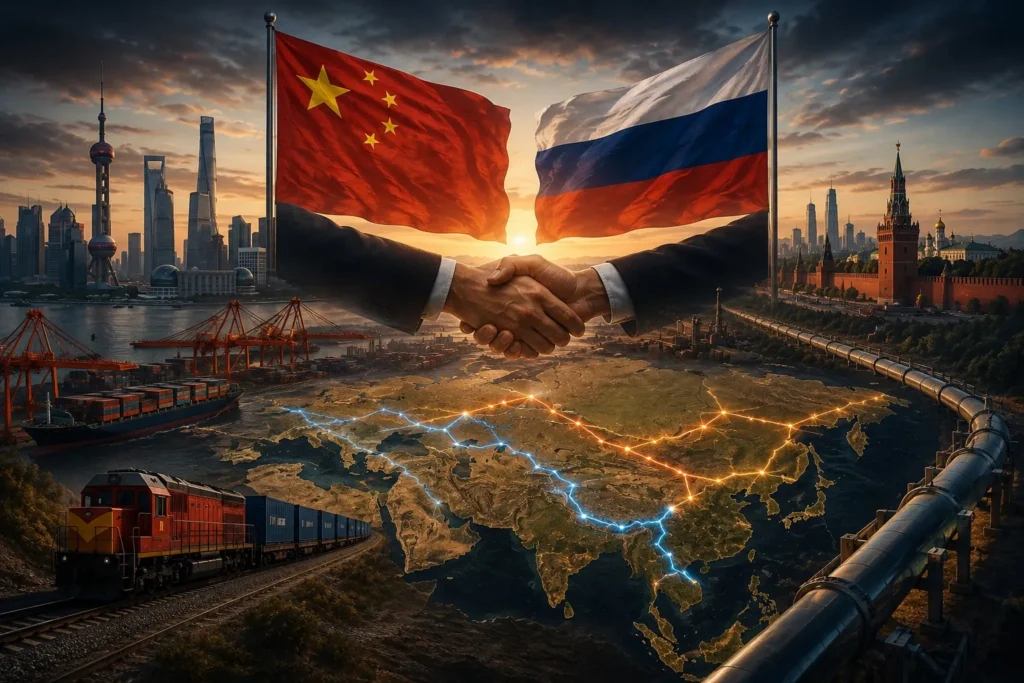 China and Russia strengthening economic cooperation through trade routes, energy infrastructure, rail connectivity, and expanding Eurasian economic networks.