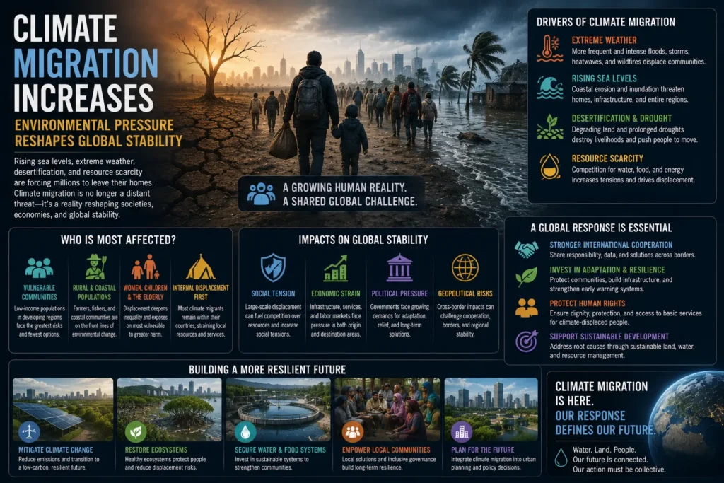 Climate migration illustrated with displaced communities facing drought, flooding, and environmental pressure reshaping global stability and human movement.