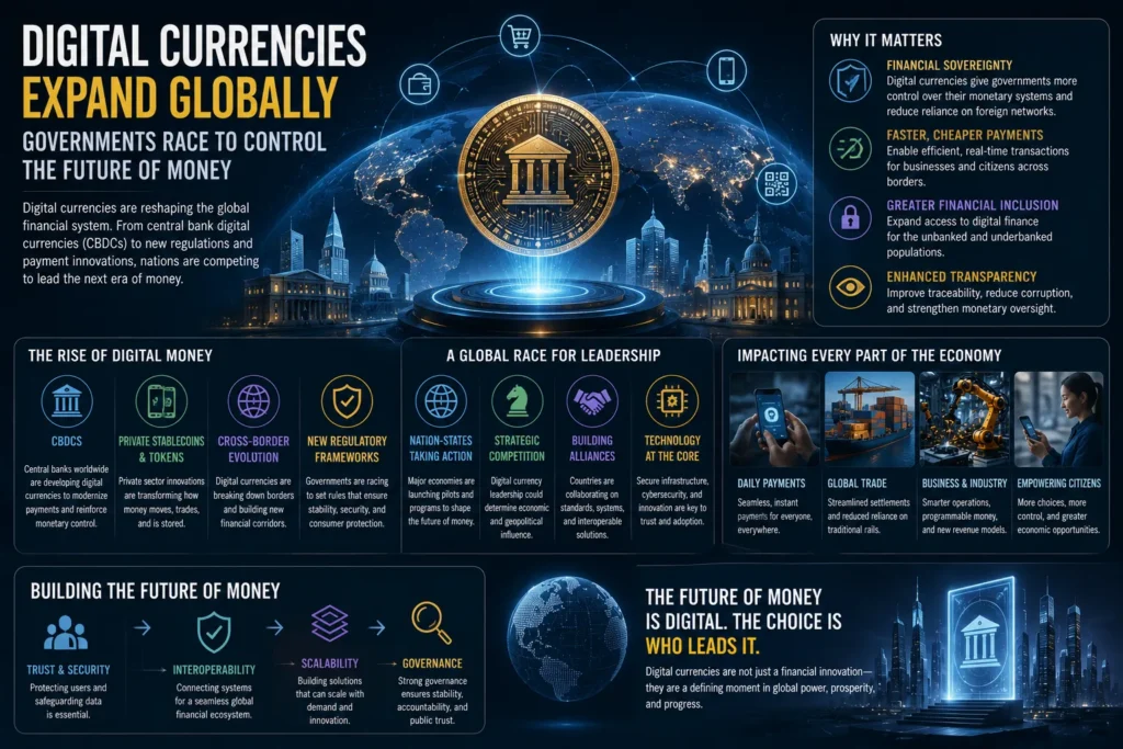 Digital currencies and financial technology systems illustrating governments competing to shape the future of global money and payment networks.