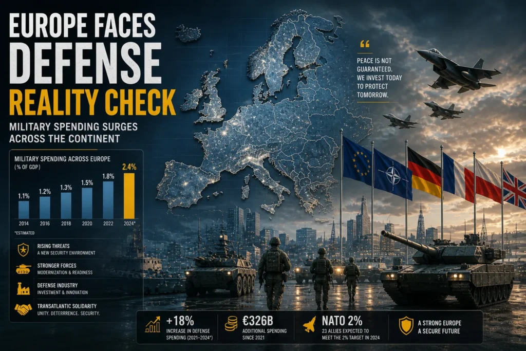 European defense forces and NATO presence with rising military spending illustrated across Europe, highlighting increased security investment and strategic readiness.