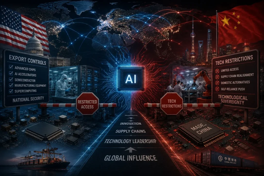 Global competition in artificial intelligence shaped by export controls, semiconductor restrictions, technology supply chains, and strategic industrial policies.