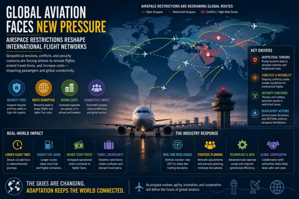 Global aviation routes affected by airspace restrictions and geopolitical tensions, illustrating changes in international flight networks and travel connectivity.