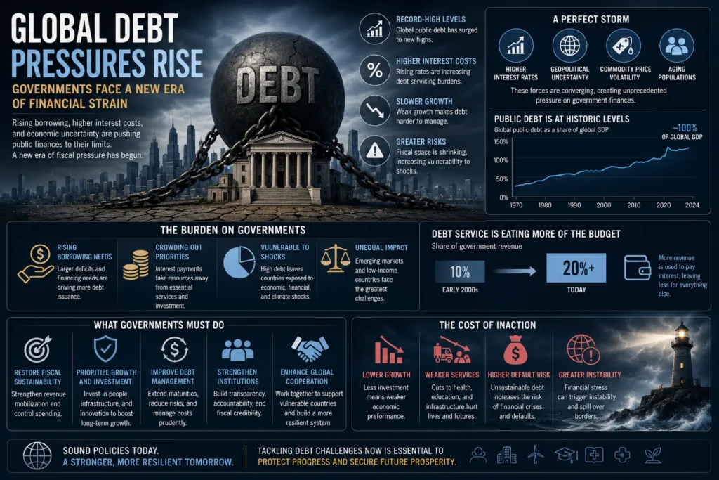 Global debt crisis illustrated with rising financial burdens, government pressure, and economic instability affecting countries worldwide.