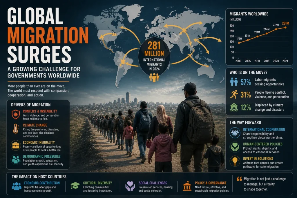 Global migration trends illustrated with people on the move, world map routes, and rising migration numbers highlighting pressures on governments worldwide.