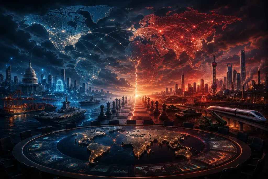 A world transitioning into an era of strategic competition, with global power centers, economic networks, security interests, and geopolitical rivalries reshaping international relations.