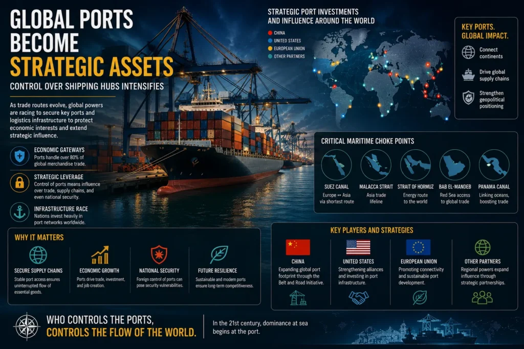 Global shipping ports and maritime trade routes illustrated as strategic geopolitical assets influencing supply chains and international power competition.