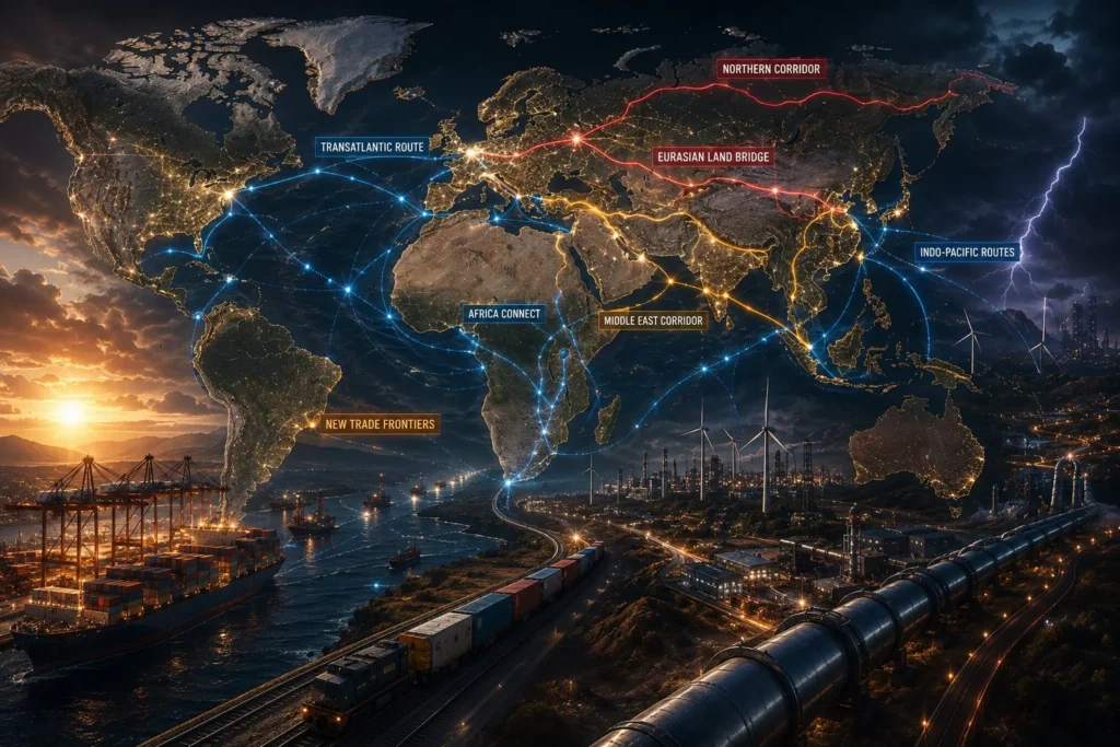 Global trade corridors, shipping routes, rail networks, and energy infrastructure illustrating the growing geopolitical importance of geography and strategic connectivity.