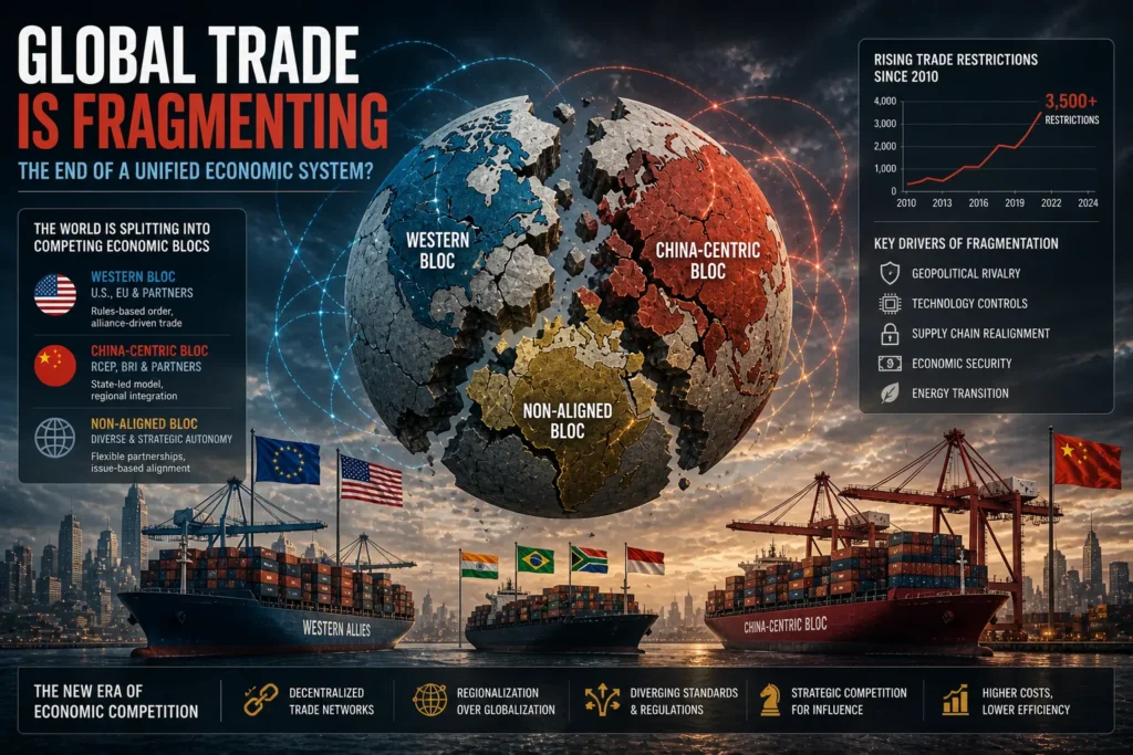 Fragmented global trade system with divided economic blocs and disrupted supply chains, symbolizing the breakdown of a unified global economy.