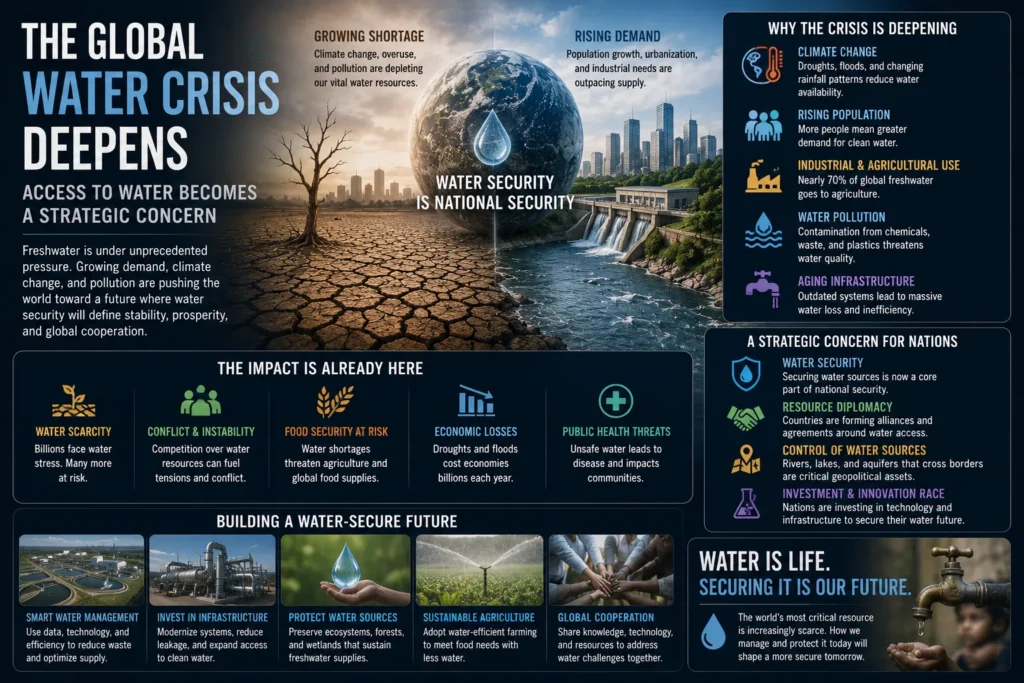 Global water crisis illustrated with drought, urban water infrastructure, and rising concerns over water security and resource management worldwide.