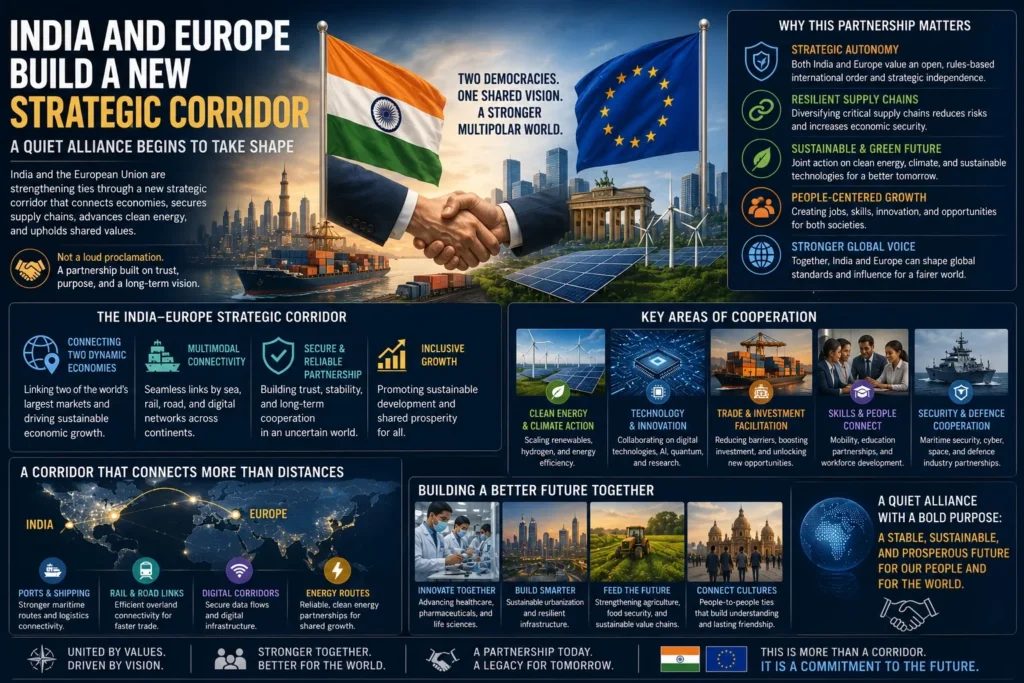 India and Europe strengthening strategic cooperation through trade corridors, infrastructure, clean energy projects, and long-term economic connectivity.