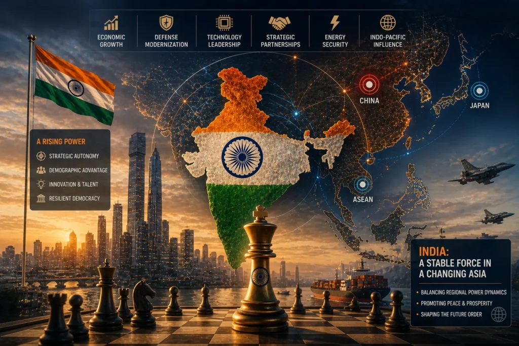 India emerging as a strategic power in Asia with regional connections, economic growth, and geopolitical influence balancing other major powers.