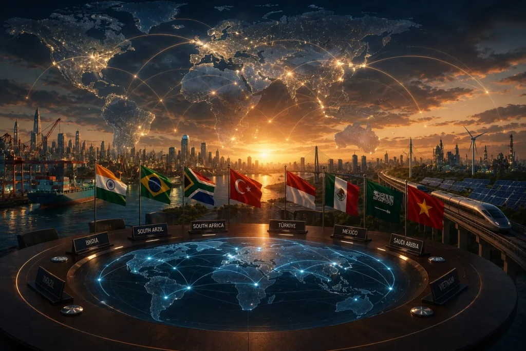 Emerging middle powers connected through global trade, diplomacy, infrastructure, and economic cooperation in an increasingly multipolar world order.