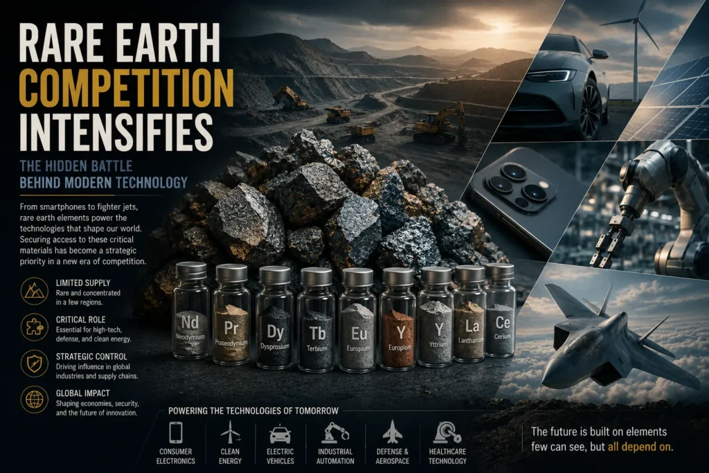 Rare earth minerals and advanced technologies including electric vehicles, robotics, and electronics, illustrating growing competition over critical resources.