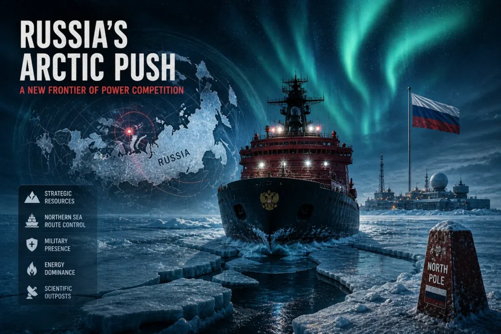 Russian icebreaker navigating Arctic waters under northern lights with strategic infrastructure, representing expanding geopolitical influence in the Arctic region.
