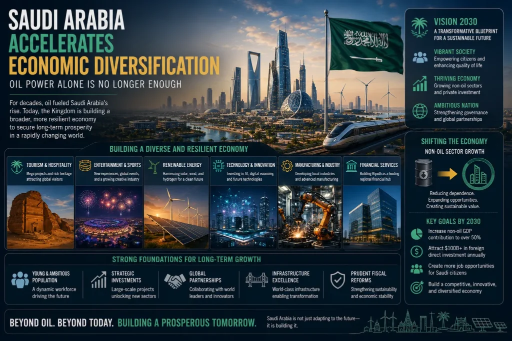 Saudi Arabia’s economic diversification strategy illustrated with futuristic cities, renewable energy, technology, and non-oil industries under Vision 2030.
