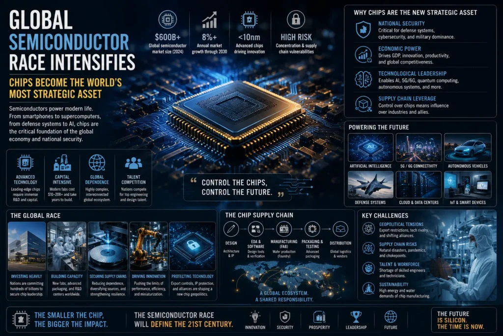 Advanced semiconductor chip and global technology infrastructure illustrating the growing geopolitical competition over strategic semiconductor supply chains.