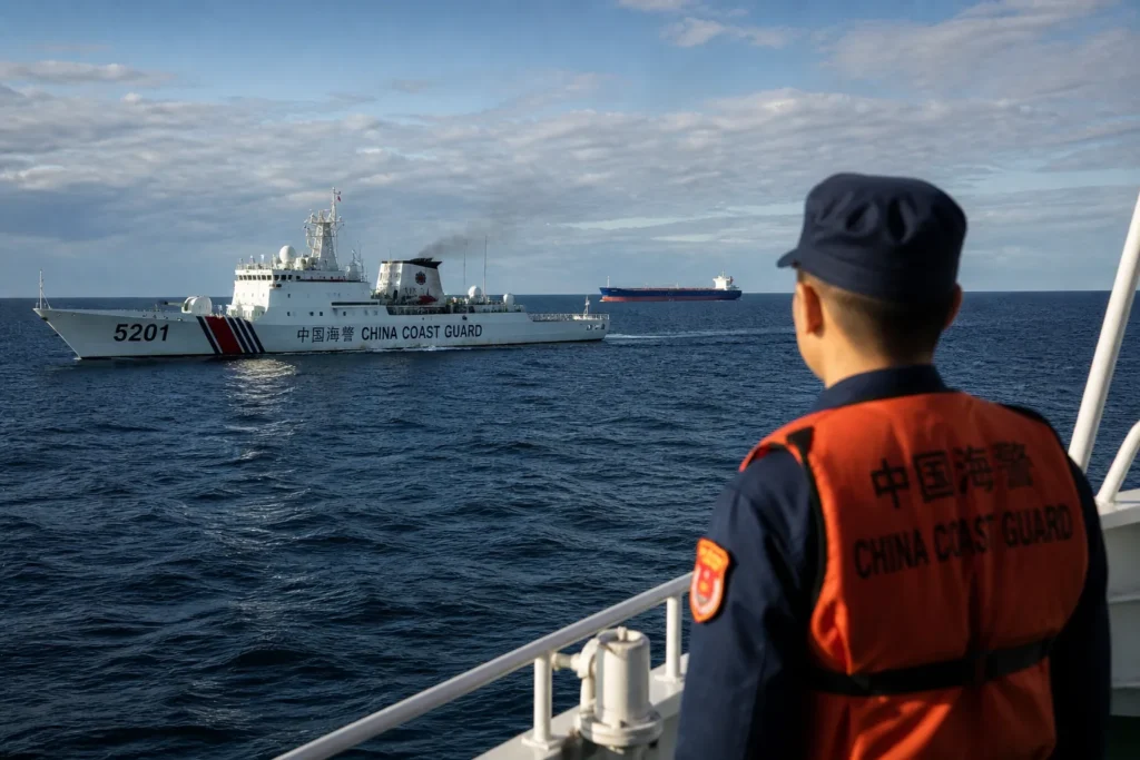 Coast guard vessel and commercial cargo ship navigating the South China Sea, reflecting rising geopolitical tensions along critical global trade routes.