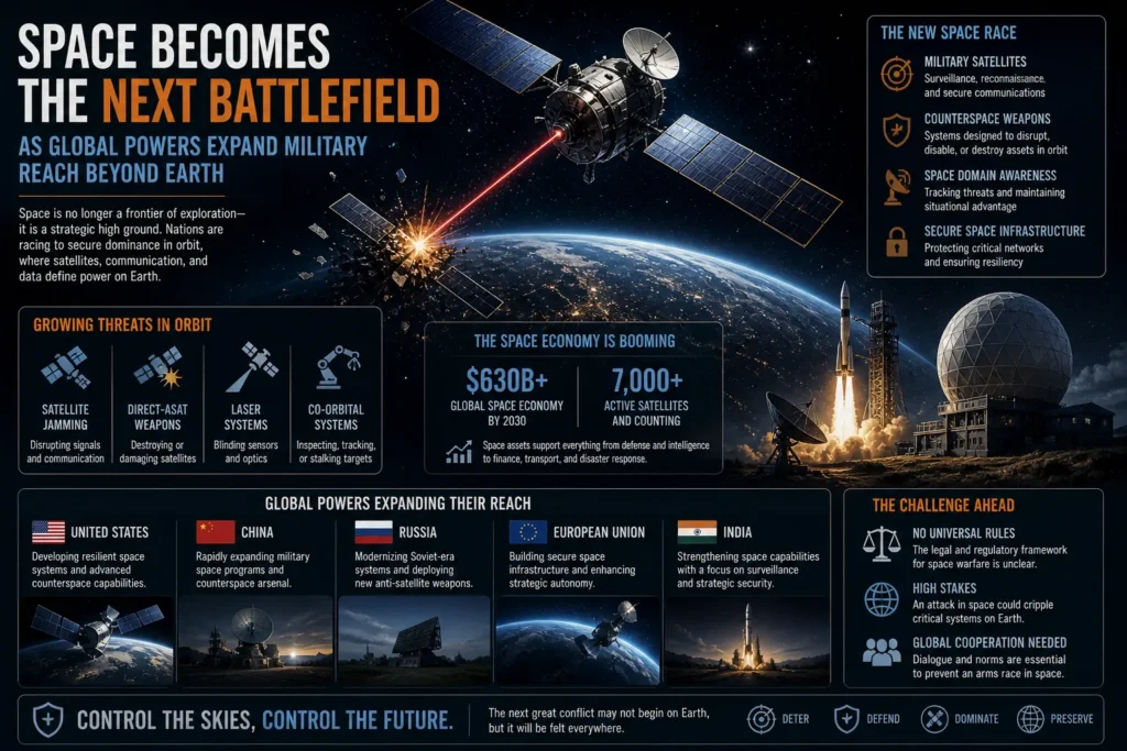 Military satellites and space systems orbiting Earth, illustrating the growing competition among global powers to control space-based assets.