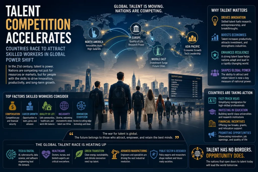 Global competition for skilled workers illustrated with international mobility, major innovation hubs, and countries seeking top talent in a changing world economy.