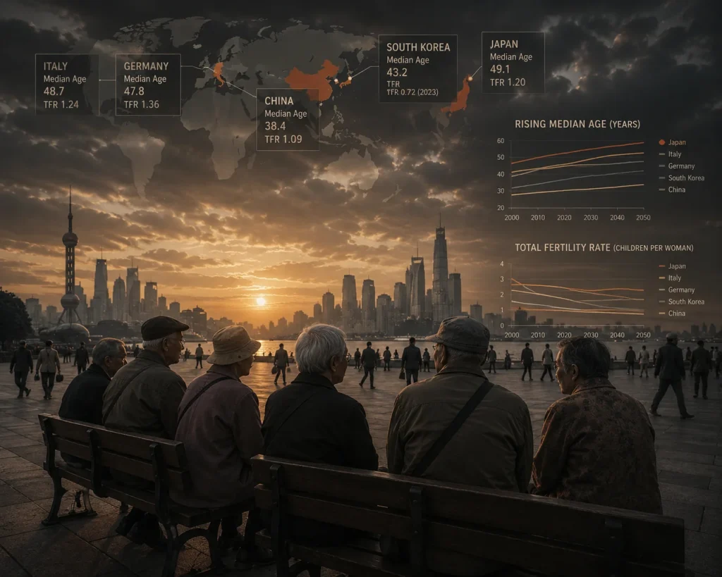 Elderly people sitting in a public square overlooking a modern city skyline at sunset, symbolizing aging populations, demographic change, and the economic challenges facing developed nations.