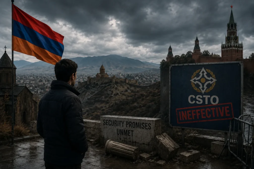 A dramatic geopolitical scene overlooking Armenia, symbolizing declining confidence in traditional security partnerships as regional alliances and strategic calculations evolve.