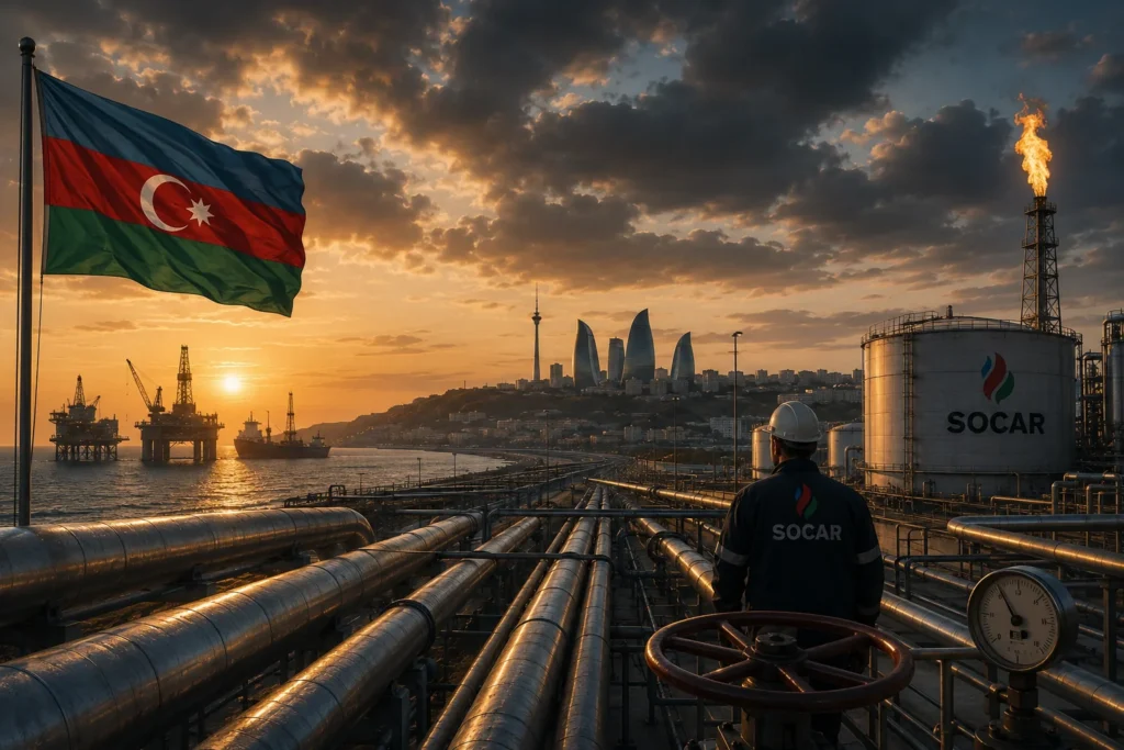 Energy infrastructure in Azerbaijan at sunset, featuring pipelines, offshore oil platforms, gas facilities, and industrial assets that symbolize the country's growing influence as a major energy exporter.