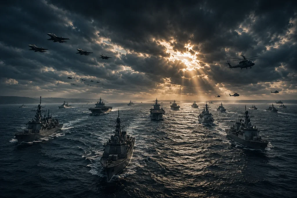 A dramatic naval task force sails across rough Baltic waters beneath storm clouds, while fighter jets and helicopters fly overhead in a large-scale display of military coordination and readiness.