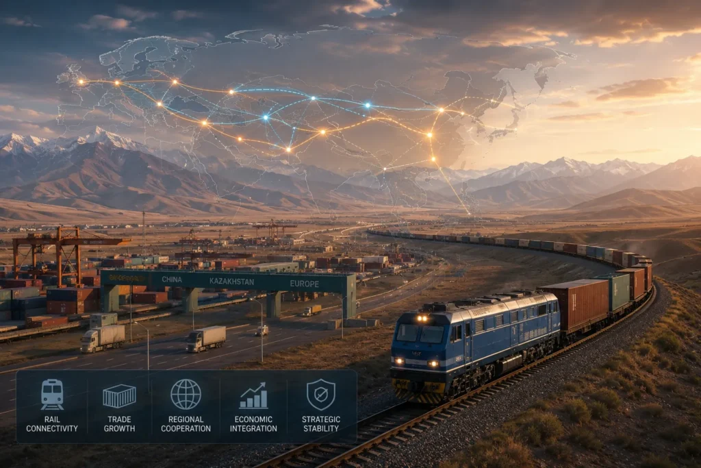 Freight rail corridors crossing Central Asia, connecting Chinese manufacturing hubs with European markets through modern logistics infrastructure and regional trade networks.