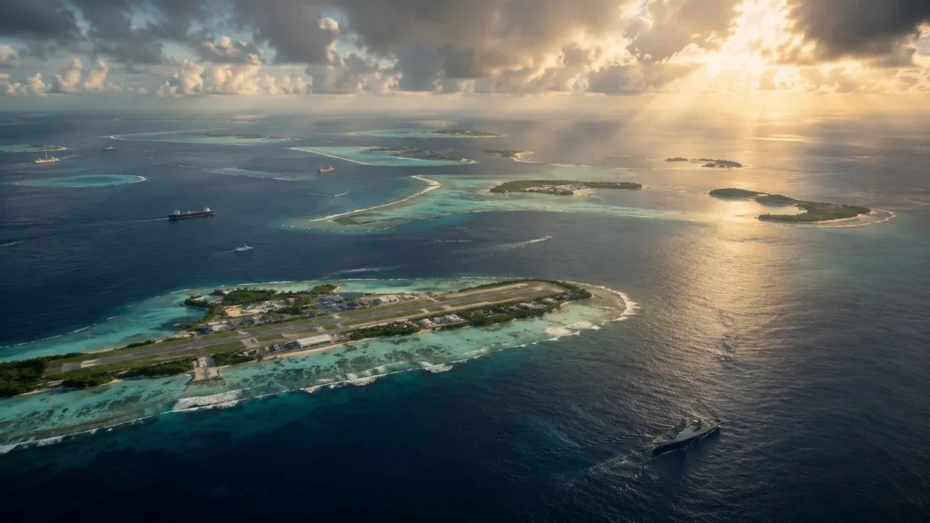 Aerial view of remote tropical atolls in the Indian Ocean featuring strategic air and maritime infrastructure, surrounded by major sea lanes and vast open waters, highlighting the geopolitical importance of the Chagos Archipelago.