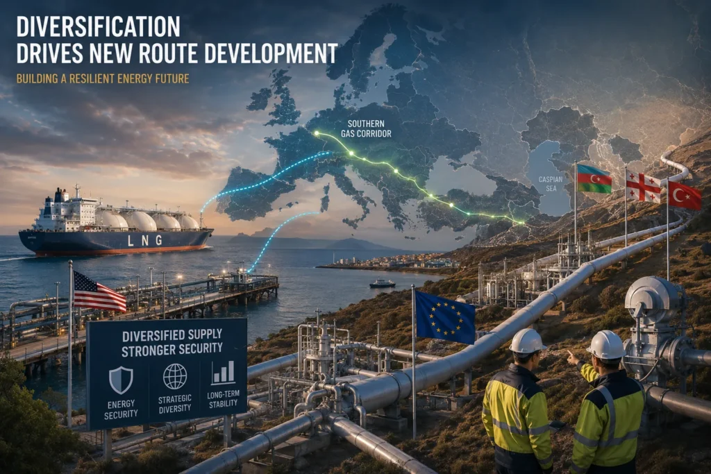 European energy infrastructure featuring LNG terminals, gas pipelines, and international supply routes illustrating efforts to diversify energy sources and strengthen long-term energy security.
