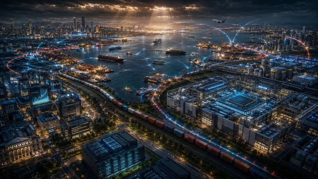 A global network of ports, semiconductor facilities, financial centers, logistics corridors, cargo routes, and digital infrastructure illustrates the growing overlap between economic power and geopolitical strategy.