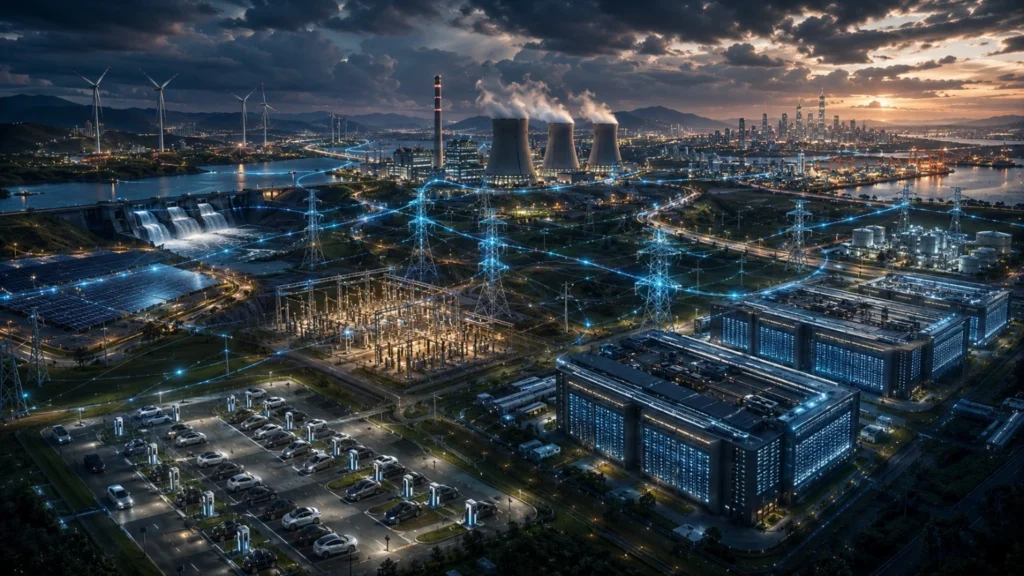 A modern electricity network connects data centers, substations, renewable energy facilities, hydroelectric power, industrial infrastructure, and electric vehicle charging hubs, illustrating rising pressure on global power grids.