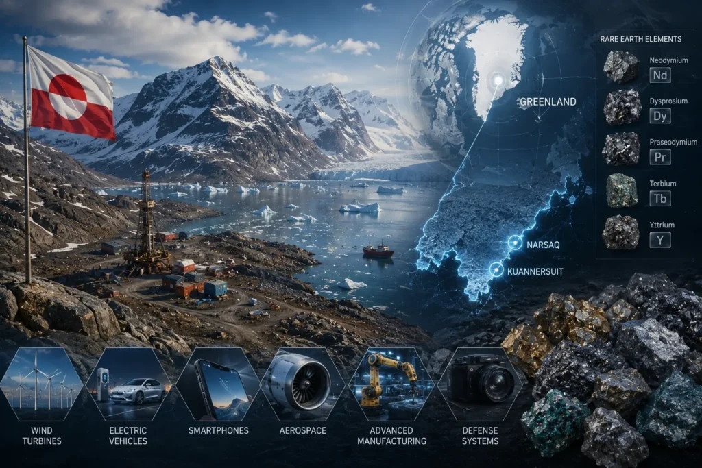 Greenland's Arctic landscape with rare earth mineral deposits, mining infrastructure, and strategic resources critical to advanced technology and clean energy industries.