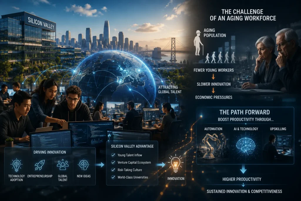 Technology professionals, innovation hubs, and global talent networks illustrating the relationship between workforce demographics, productivity growth, and technological competitiveness.