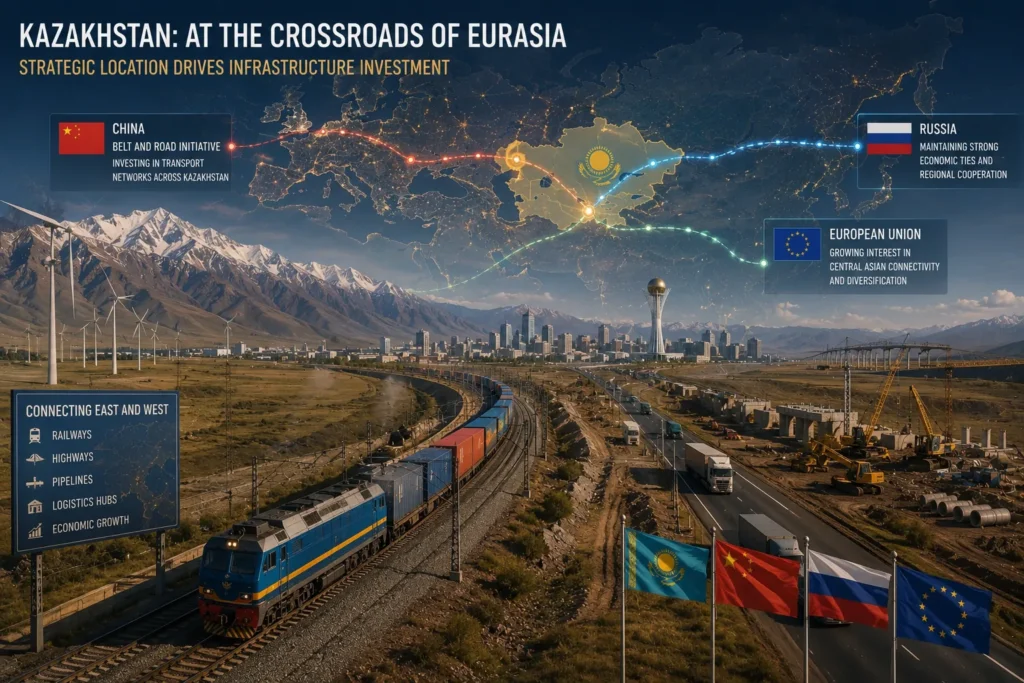 Kazakhstan's transportation infrastructure, rail corridors, highways, and logistics networks connecting China, Russia, and Europe across the Eurasian continent.