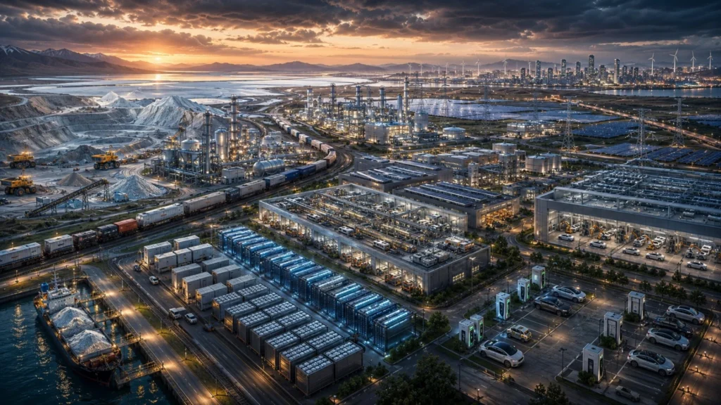 A vast industrial ecosystem connects lithium mines, refining facilities, battery manufacturing plants, energy storage systems, electric vehicle infrastructure, ports, and logistics networks, illustrating lithium's strategic role in the global electrified economy.
