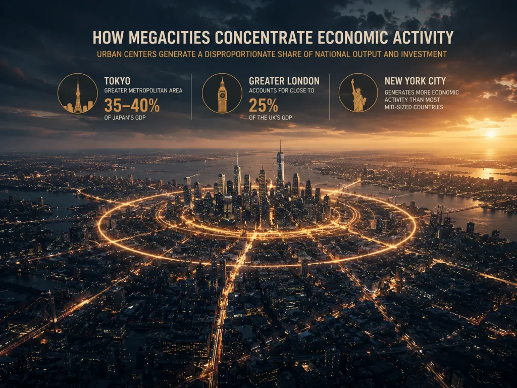 A dramatic aerial view of a vast modern megacity at sunset, with illuminated transportation and economic networks converging around a dense urban core that symbolizes the concentration of wealth, investment, and economic activity.